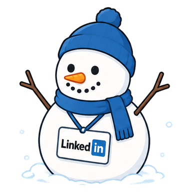 A snowman wearing a LinkedIn name badge